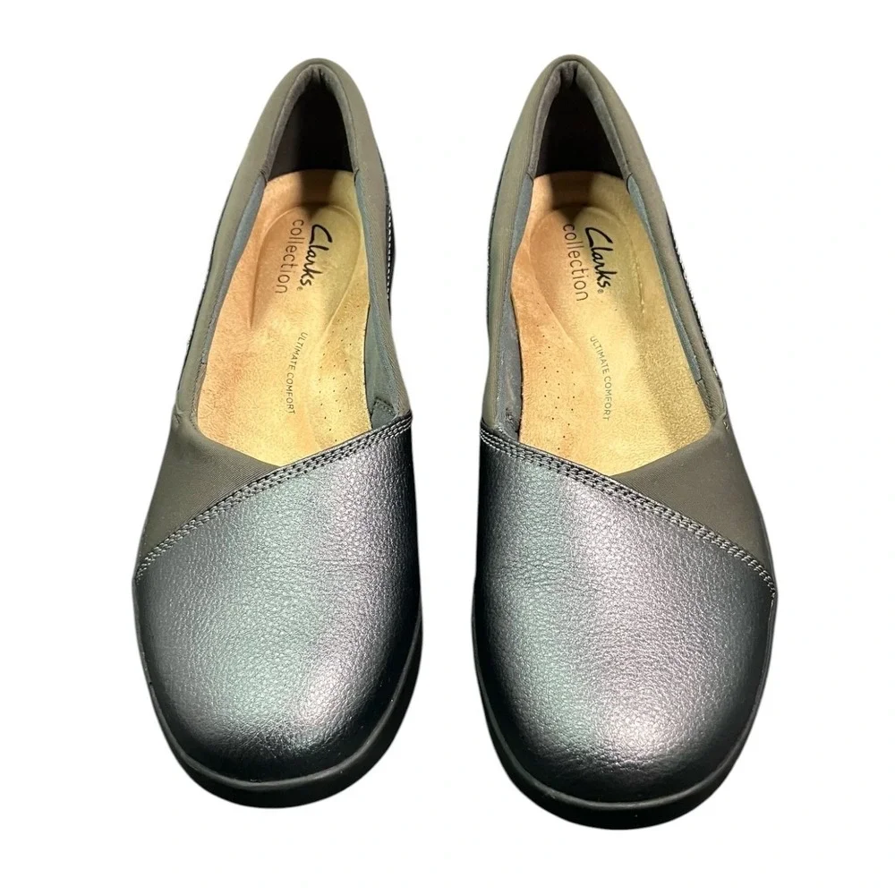 Clarks Collection Suttyn Walk Dark‎ Pewter Metallic Wedge Shoes Womens 8.5 M